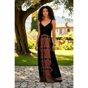 Vtg Signature By Robbie Bee Black Tropical Aztec Maxi Dress Sz 10 Summer Party